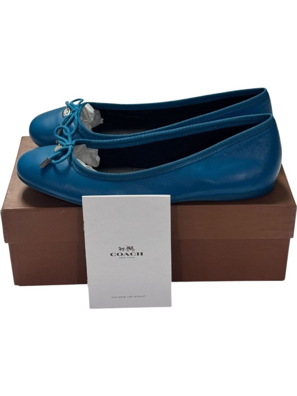 💙 Coach Blue Leather Ballet Flats Bow Logo Ballet Shoes Women's w/ Box Size 8